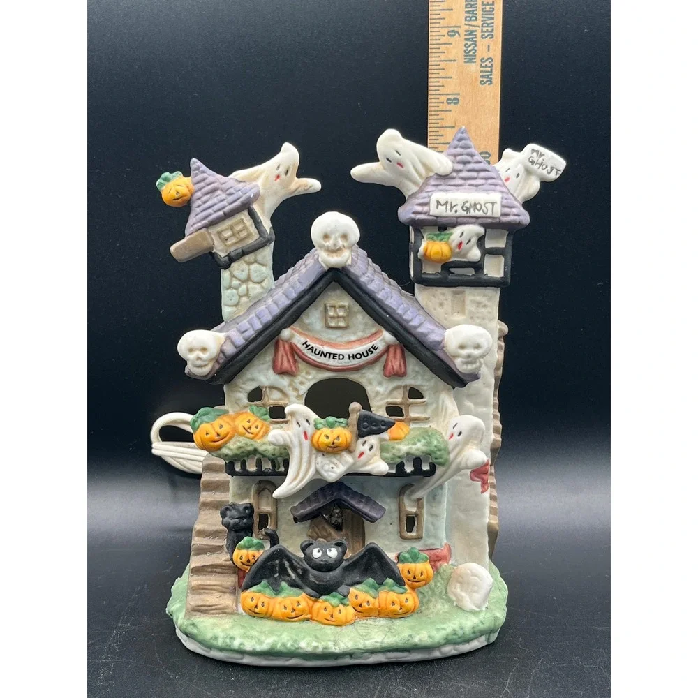 Vtg Light Up Ceramic Haunted House Halloween Ghost Pumpkin Bat Decor 7